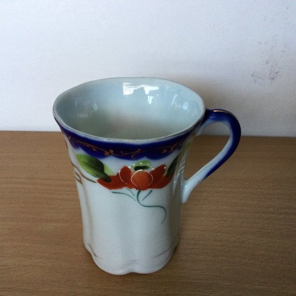 Vintage hand painted porcelain tea coffee cup cobalt blue red flower - Picture 1 of 7
